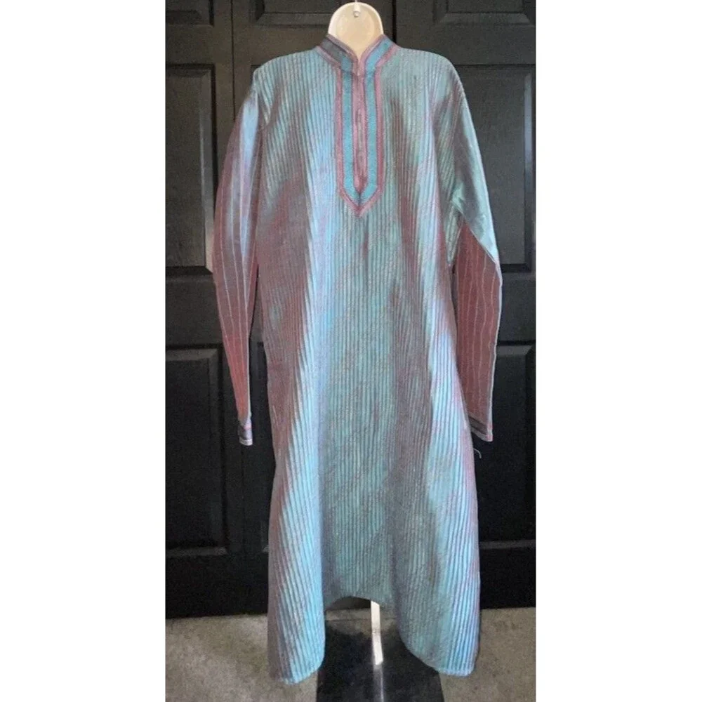 Teal Pleated Kaftan Prayer Gown Sz 42 Embroidered Mandarin Collar Eid Maxi Dress